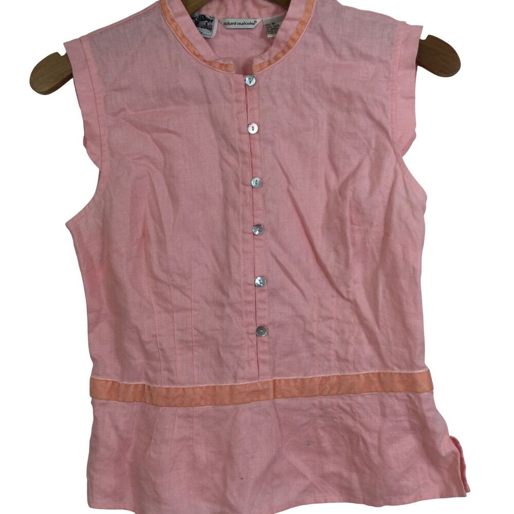 Richard Malcolm Irish Linen Sleeveless Crew Neck Button Up Blouse Top Pink Med